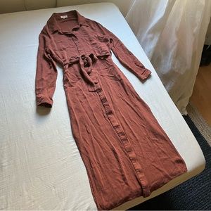 Whimsy + Row clay red button down belted long sleeve midi maxi shirt dress
